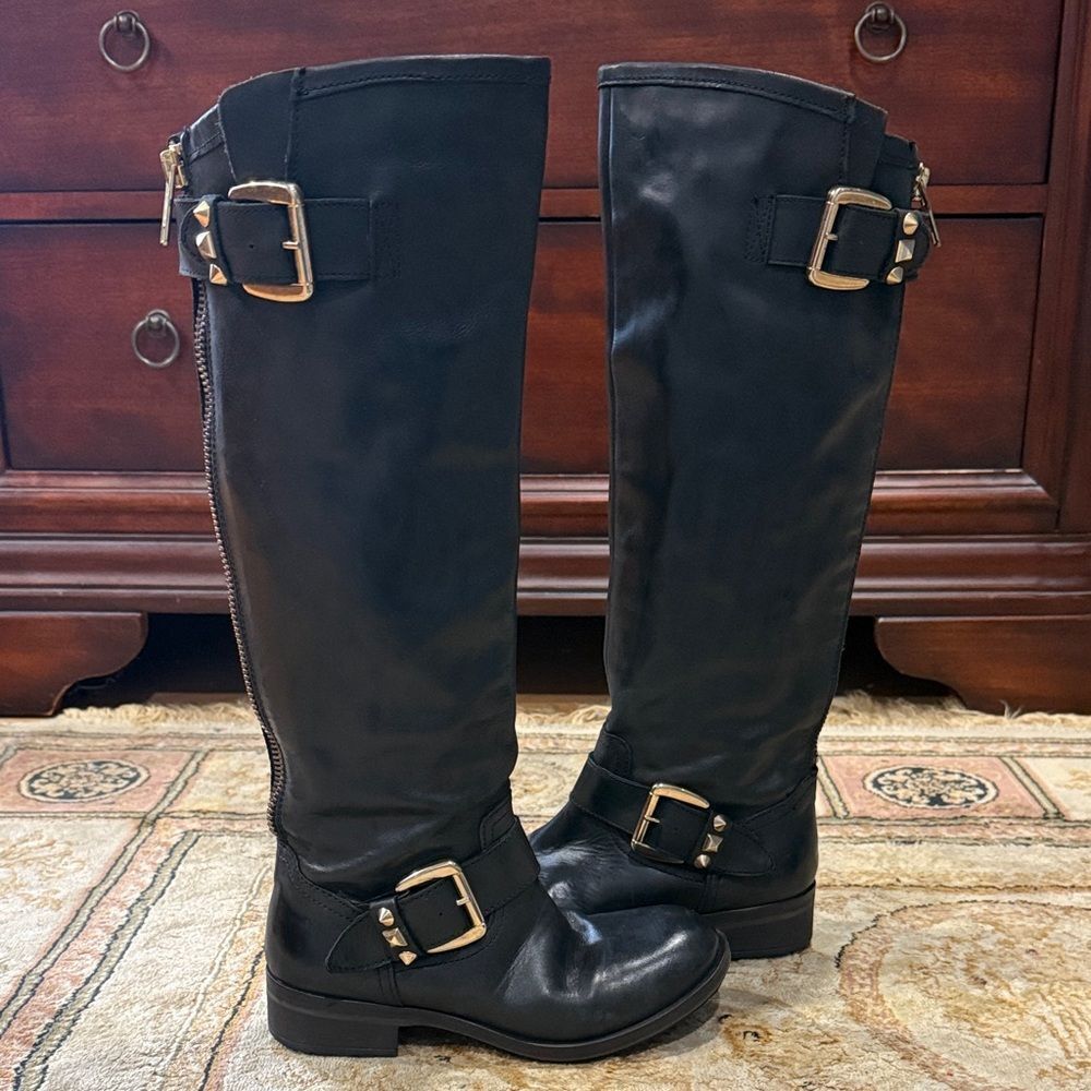 Steve Madden Ladyhwks Women’s Sz 6/EU 36 Black Leather Tall Buckle Rear Zip Boot